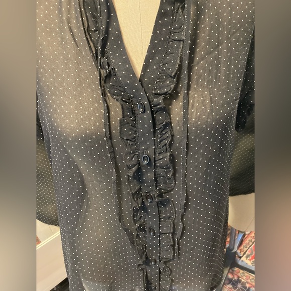 Lapis Black Sheer Polka Dot Popover Blouse, Short Puff Sleeve, Size Medium - Picture 3 of 11